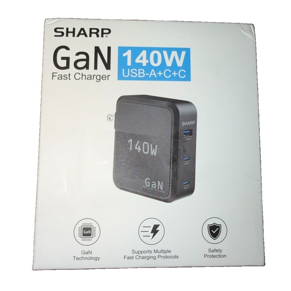 Sharp 140W GaN Fast Charger 3-Port USB-C A Wall Adapter Black QV16-BLK
